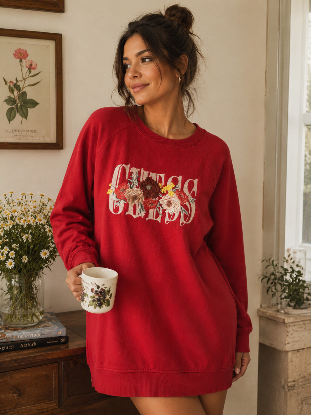 GUESS Longline Sweatshirt Tunic with Floral Logo and Red Embroidery, Size XS